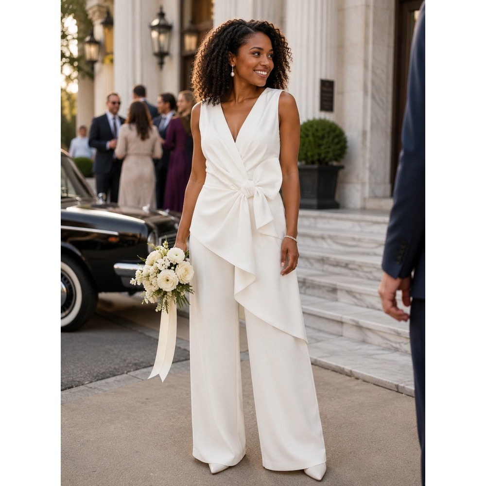 Adrianna Papell White Crepe Bow Wide Leg Jumpsuit Size 6 Bridal Wedding